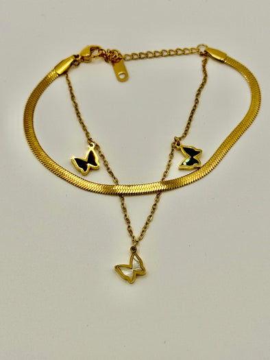 18K Gold Plated Layered Herringbone & Butterflies bracelet