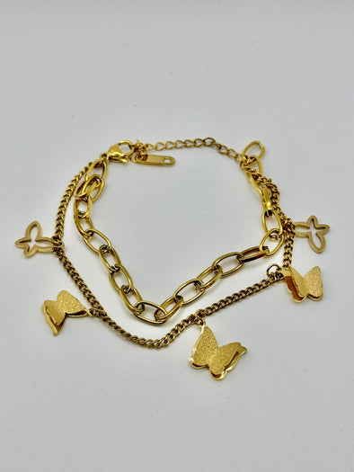 18K Gold Plated Layered Charm Bracelet with Butterflies