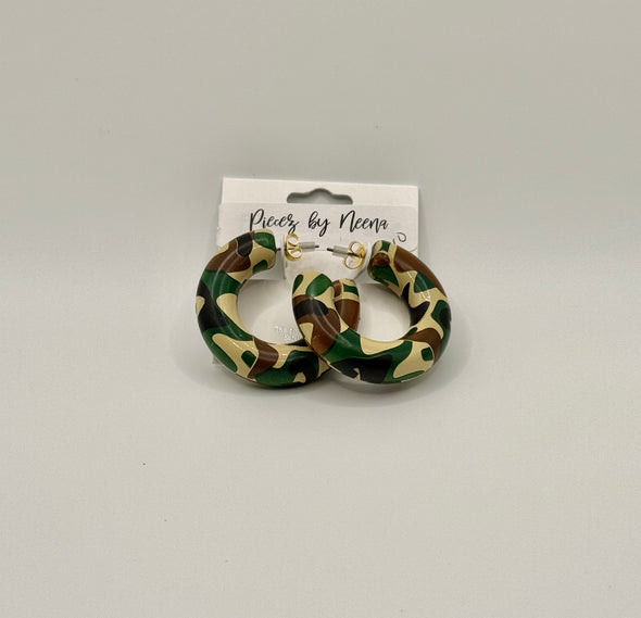 Camouflage Printed Wood Thick Hoop Earrings