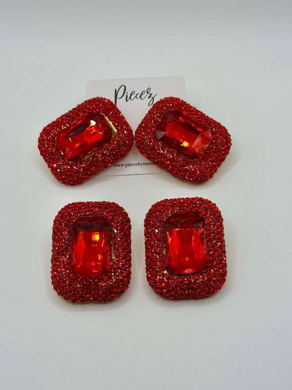 Red Rectangular Glass Stone Pointed Evening Earrings