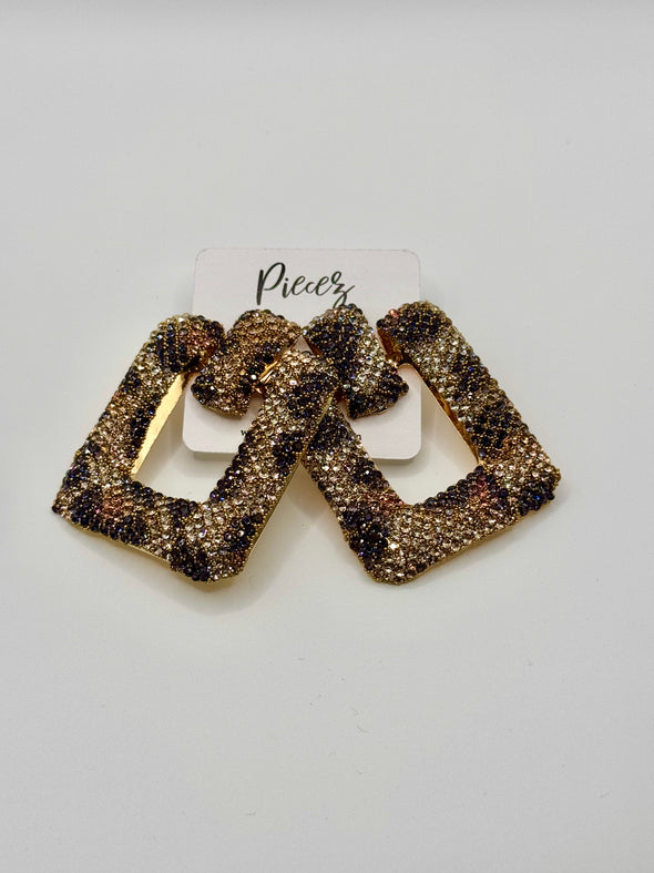 Oversized Leopard Bling Studded Square Doorknocker Earrings