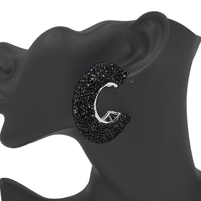 Black Rhinestone Studded Hoop Earrings