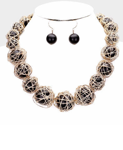 Black Ball with Gold Wire Wrap Necklace