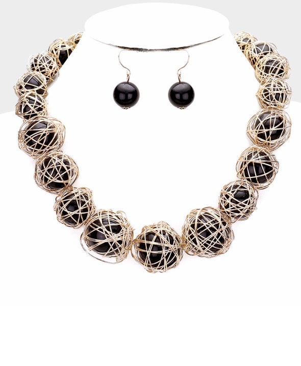 Black Ball with Gold Wire Wrap Necklace