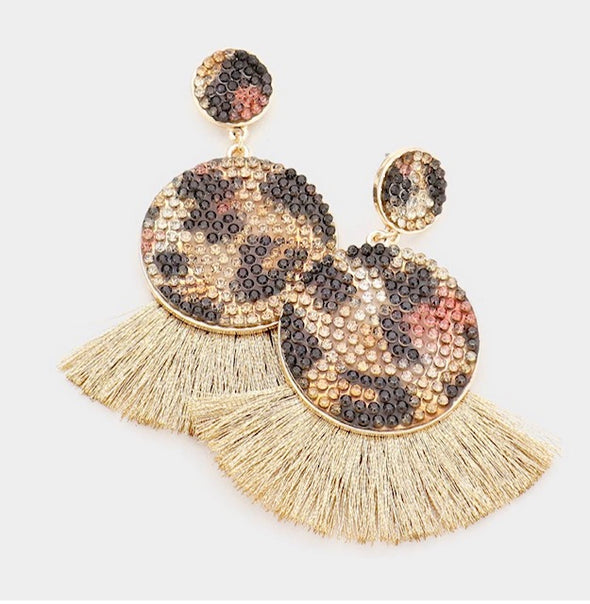 Leopard Rhinestone Tassel Earrings